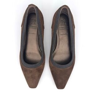 Brunello Cucinelli Womens Monili Ballerina Flat Shoe Size 5.5 Brown Suede Beaded
